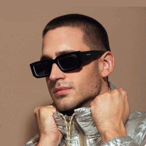 Prada PR06YS 09Q5S0 Sunglasses Black White Dark Grey Rectangle Unisex - Picture 8 of 15